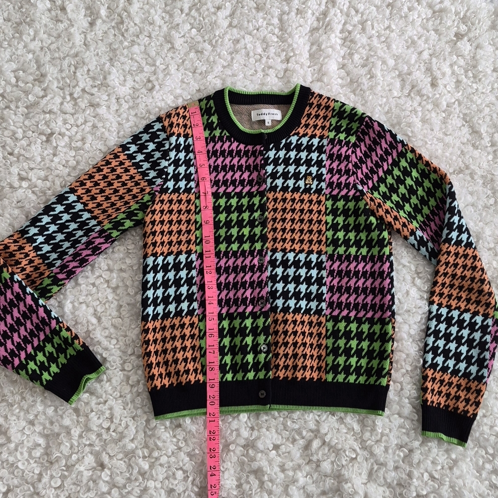 Teddy Fresh Houndstooth Colorblock Cardigan S 100% Cotton Neon Graphic Unisex - Picture 7 of 9